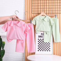 Load image into Gallery viewer, 2 Pieces Set Baby Kid Girls Solid Color Muslin&amp;Ribbed Polo Shirts And Pants Wholesale 230328402
