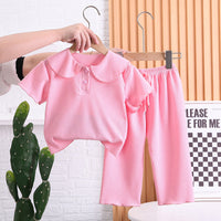 Load image into Gallery viewer, 2 Pieces Set Baby Kid Girls Solid Color Muslin&amp;Ribbed Polo Shirts And Pants Wholesale 230328402
