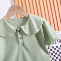 Load image into Gallery viewer, 2 Pieces Set Baby Kid Girls Solid Color Muslin&amp;Ribbed Polo Shirts And Pants Wholesale 230328402
