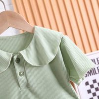 Load image into Gallery viewer, 2 Pieces Set Baby Kid Girls Solid Color Muslin&amp;Ribbed Polo Shirts And Pants Wholesale 230328402
