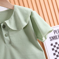 Load image into Gallery viewer, 2 Pieces Set Baby Kid Girls Solid Color Muslin&amp;Ribbed Polo Shirts And Pants Wholesale 230328402
