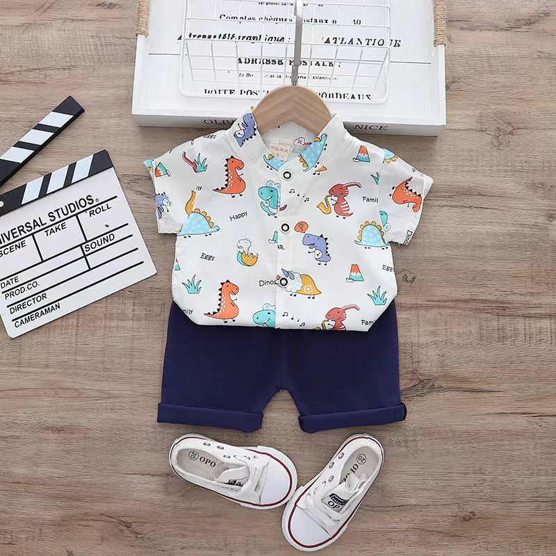 2 Pieces Set Baby Kid Boys Dinosaur Print Shirts And Solid Color Shorts Wholesale 230328425