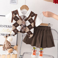 Load image into Gallery viewer, 2 Pieces Set Baby Kid Girls Boys Checked Tops And Solid Color Skirts Shorts Wholesale 230328427
