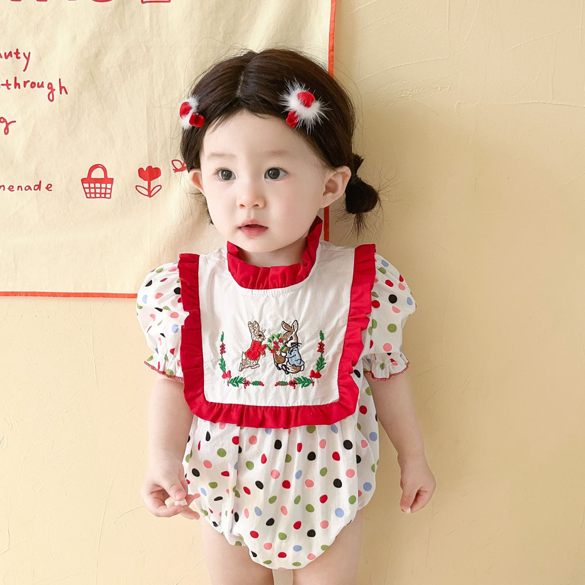 Baby Girls Polka dots Rabbit Embroidered Rompers Wholesale 23032844