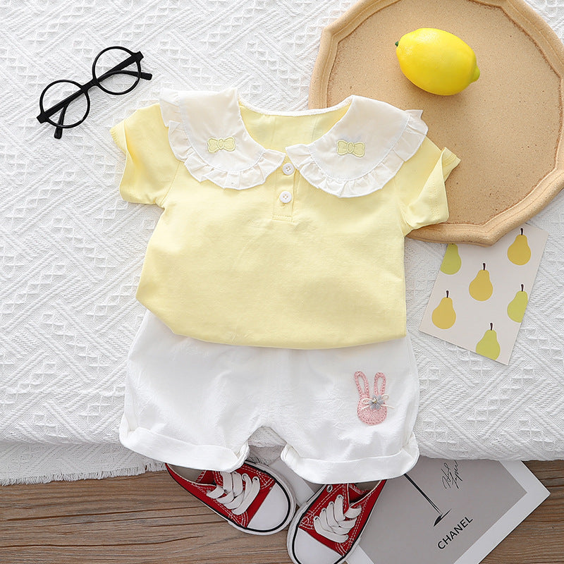 2 Pieces Set Baby Kid Girls Bow Expression Embroidered Tops And Cartoon Shorts Wholesale 230328445