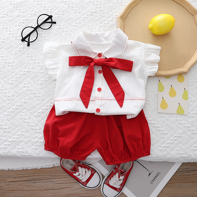 2 Pieces Set Baby Kid Girls Bow Shirts And Solid Color Shorts Wholesale 230328461