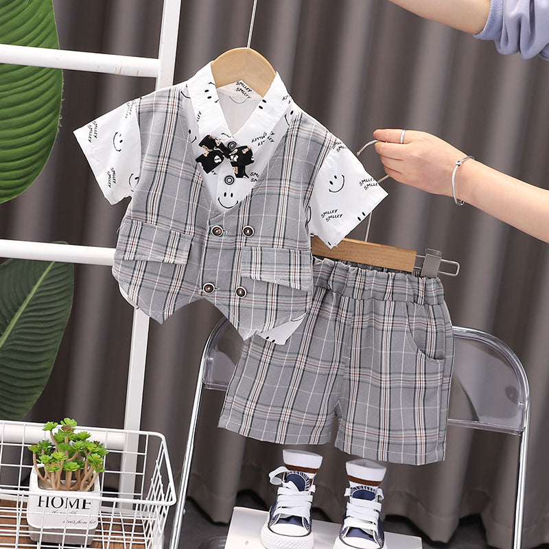 2 Pieces Set Baby Kid Boys Bow Expression Shirts And Checked Shorts Wholesale 230328466