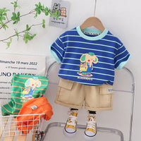 Load image into Gallery viewer, 2 Pieces Set Baby Kid Boys Striped Animals Print T-Shirts And Solid Color Shorts Wholesale 230328504
