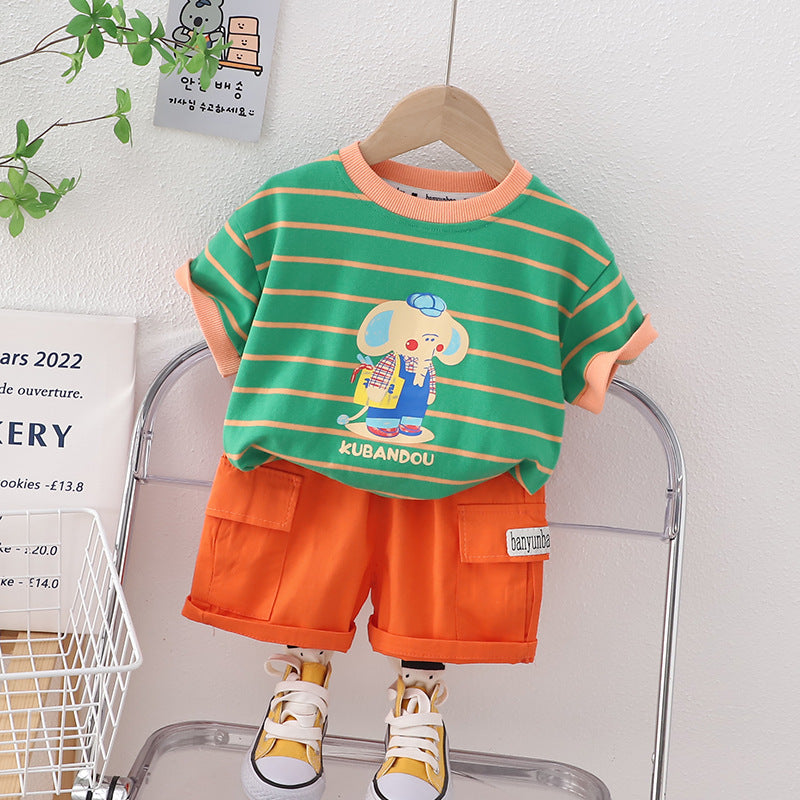 2 Pieces Set Baby Kid Boys Striped Animals Print T-Shirts And Solid Color Shorts Wholesale 230328504