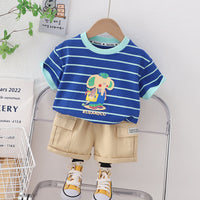 Load image into Gallery viewer, 2 Pieces Set Baby Kid Boys Striped Animals Print T-Shirts And Solid Color Shorts Wholesale 230328504
