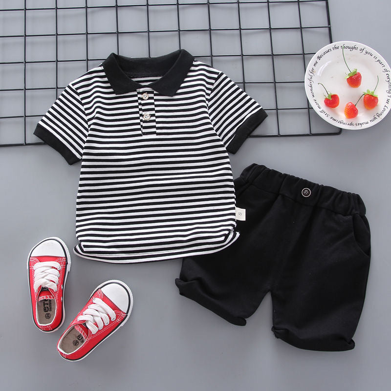 2 Pieces Set Baby Kid Boys Striped Polo Shirts And Solid Color Shorts Wholesale 230328526