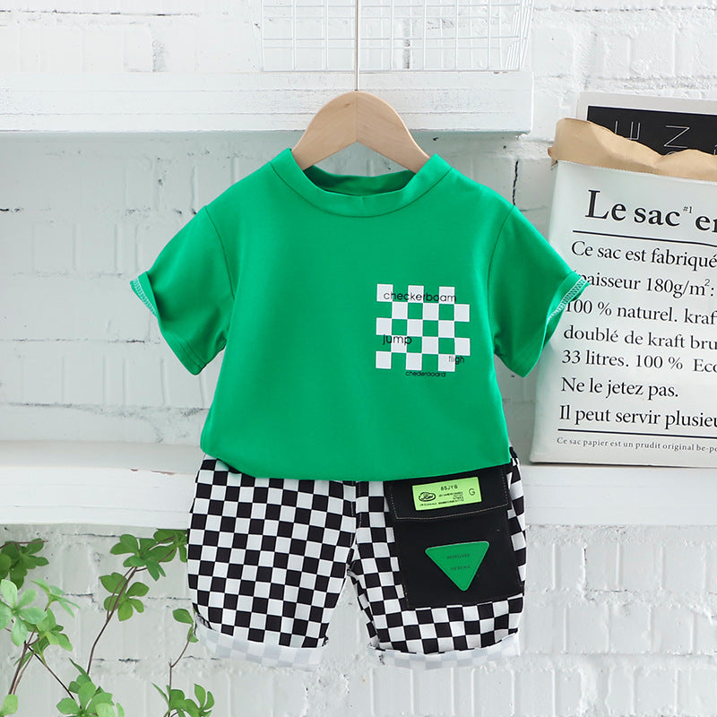 2 Pieces Set Baby Kid Boys Letters T-Shirts And Checked Shorts Wholesale 230328546