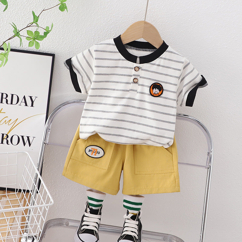 2 Pieces Set Baby Kid Boys Striped Letters Cartoon Print T-Shirts And Shorts Wholesale 230328547