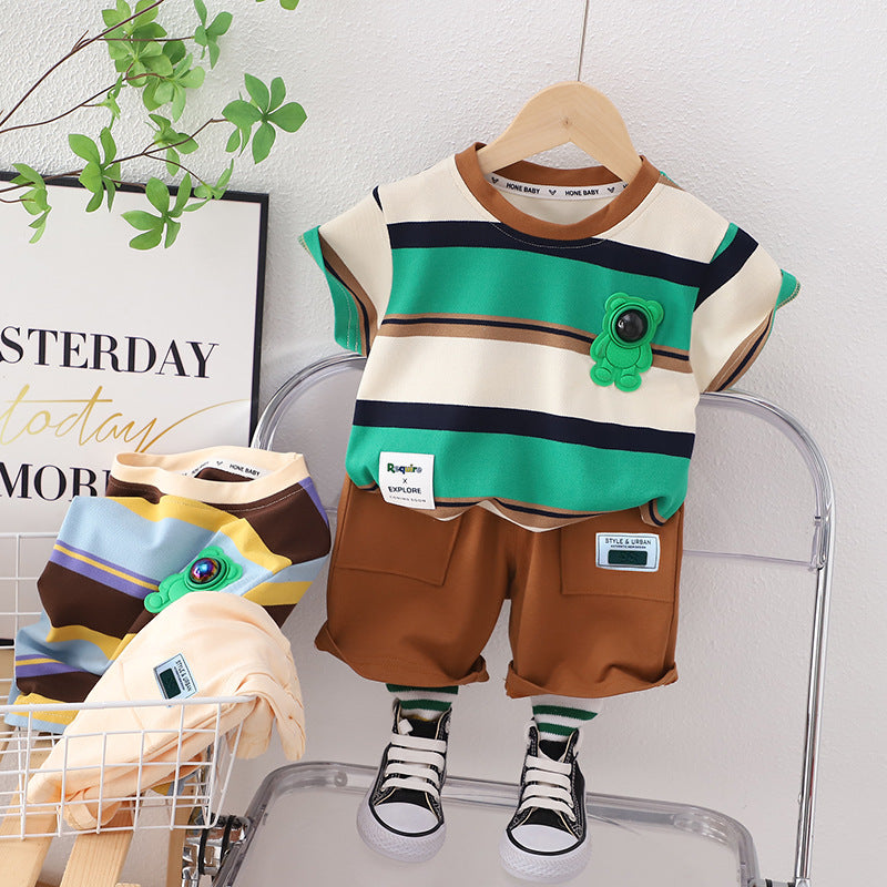 2 Pieces Set Baby Kid Boys Striped Color-blocking T-Shirts And Solid Color Shorts Wholesale 230328549