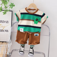 Load image into Gallery viewer, 2 Pieces Set Baby Kid Boys Striped Color-blocking T-Shirts And Solid Color Shorts Wholesale 230328549
