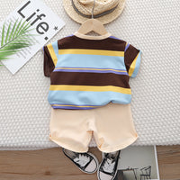 Load image into Gallery viewer, 2 Pieces Set Baby Kid Boys Striped Color-blocking T-Shirts And Solid Color Shorts Wholesale 230328549
