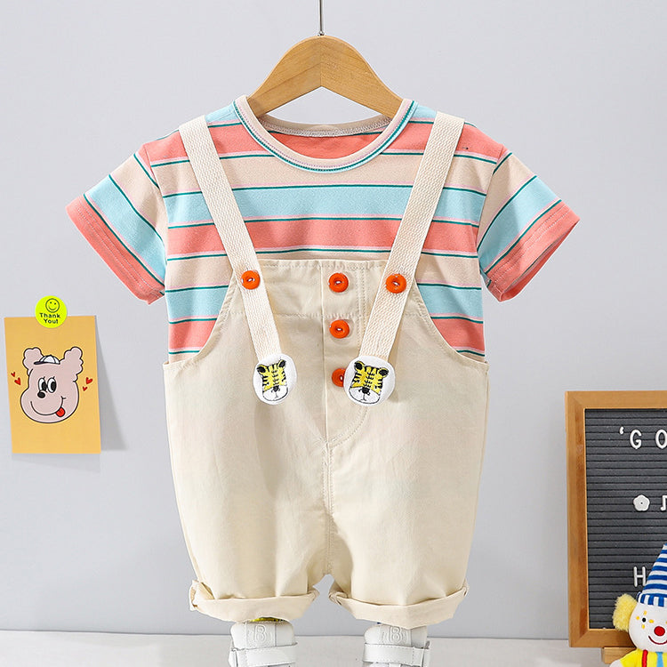 2 Pieces Set Baby Kid Boys Striped Color-blocking T-Shirts Cartoon And Embroidered Rompers Wholesale 230328551