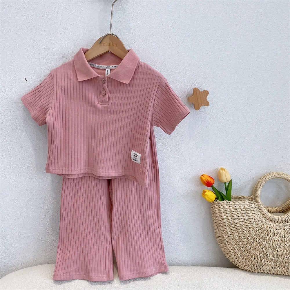 2 Pieces Set Baby Kid Girls Solid Color Muslin&Ribbed Polo Shirts And Pants Wholesale 23032865