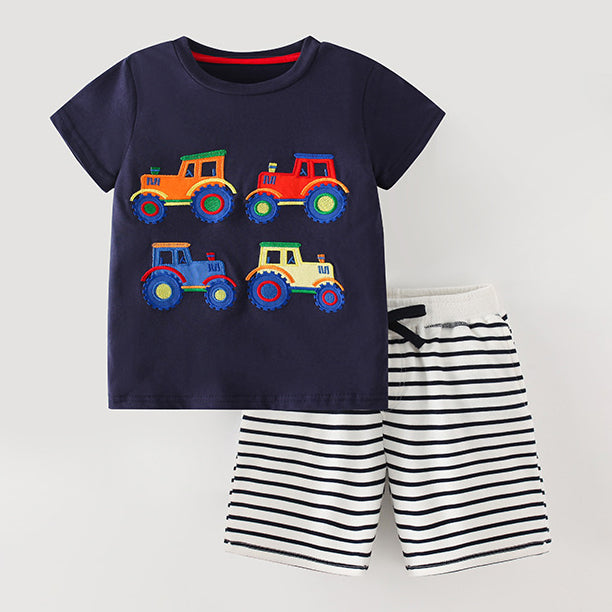 2 Pieces Set Kid Boys Car Print T-Shirts And Striped Shorts Wholesale 230330247