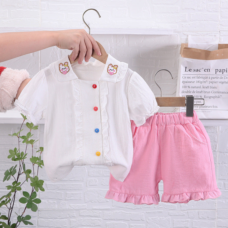2 Pieces Set Baby Kid Girls Rabbit Embroidered Shirts And Solid Color Shorts Wholesale 23033029