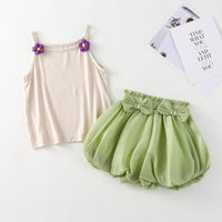 Load image into Gallery viewer, 2 Pieces Set Baby Kid Girls Solid Color Flower Tank Tops And Bow Shorts Wholesale 230330361

