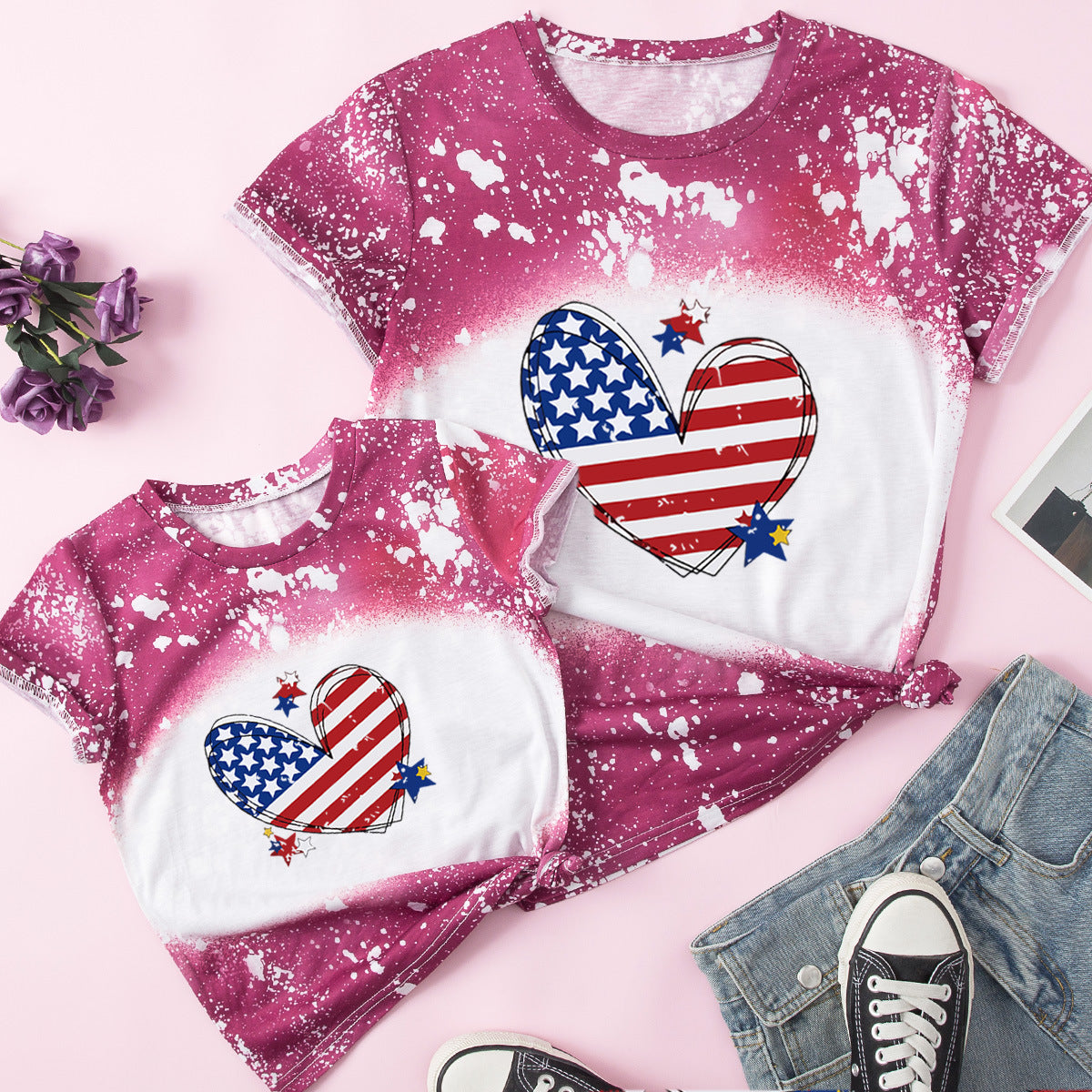 Mommy And Me Kid Love heart Tie Dye Star Print Independence Day T-Shirts Wholesale 230403160