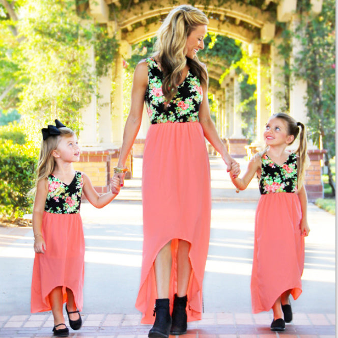Mommy And Me Baby Kid Color-blocking Flower Print Dresses Wholesale 23040321