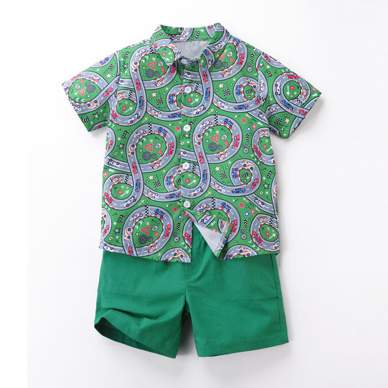 2 Pieces Set Baby Kid Boys Flower Print Shirts And Solid Color Shorts Wholesale 230403492