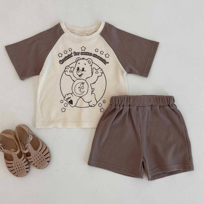 2 Pieces Set Baby Unisex Letters Color-blocking Cartoon Print T-Shirts And Solid Color Shorts Wholesale 230403525