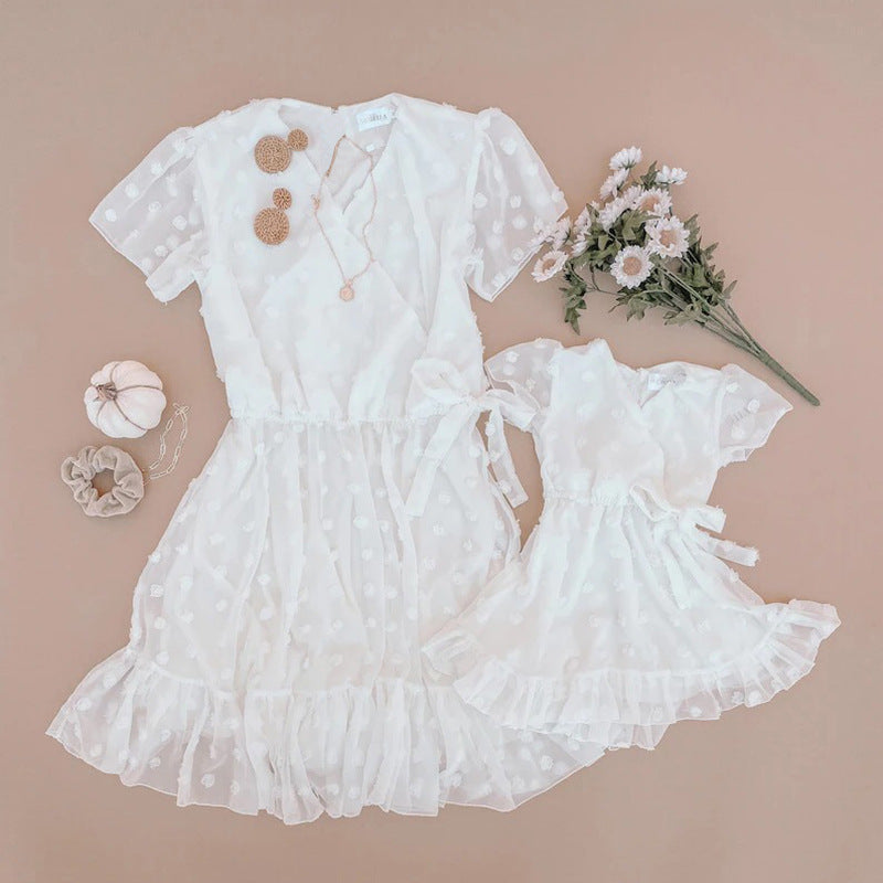 Mommy And Me Kid Solid Color Lace Dresses Wholesale 23040391