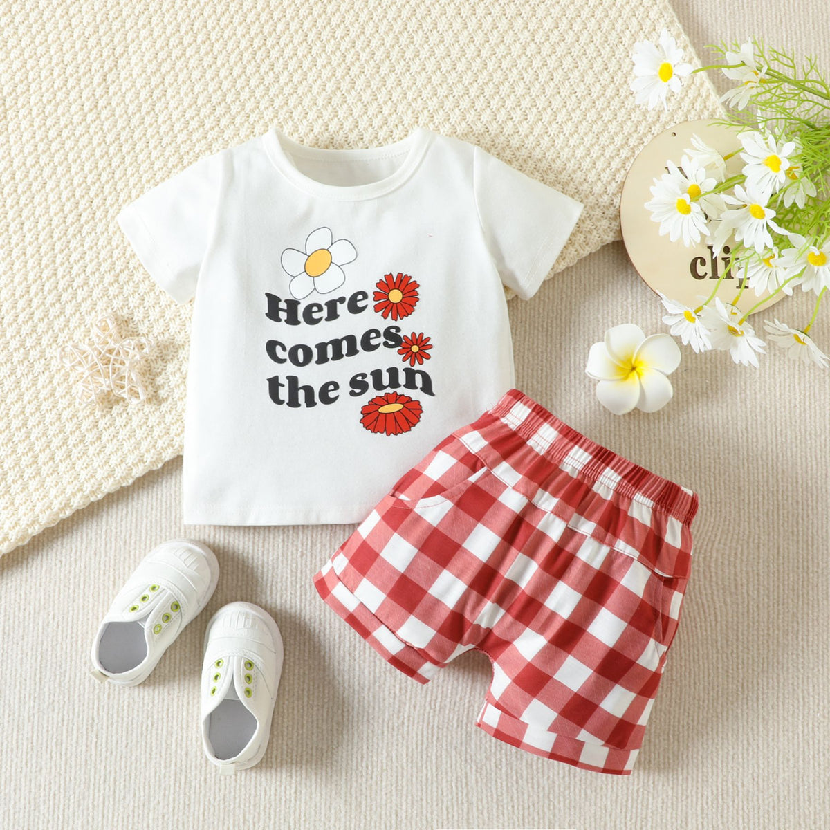 2 Pieces Set Baby Kid Girls Letters Flower Print T-Shirts And Checked Shorts Wholesale 230407133