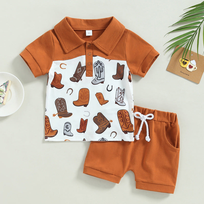 2 Pieces Set Baby Kid Boys Print Polo Shirts And Solid Color Shorts Wholesale 230407180