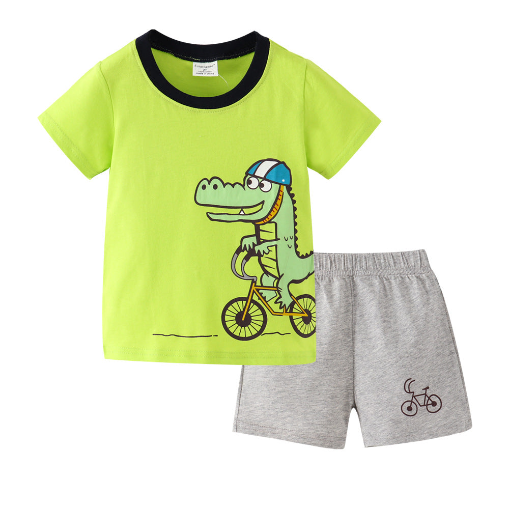 2 Pieces Set Baby Kid Boys Dinosaur Cartoon Print T-Shirts And Car Shorts Wholesale 230407211