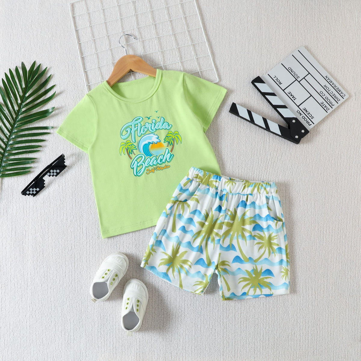 2 Pieces Set Baby Kid Boys Beach Letters Plant Print T-Shirts And Shorts Wholesale 230407219