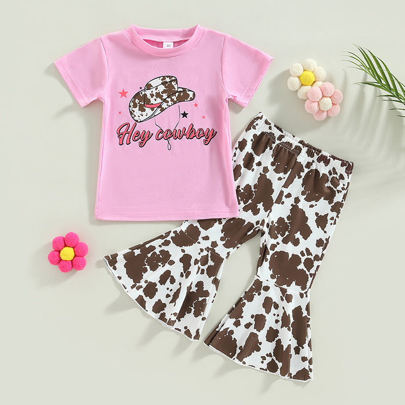 2 Pieces Set Baby Kid Girls Letters Cartoon Print T-Shirts And Leopard Pants Wholesale 230407227