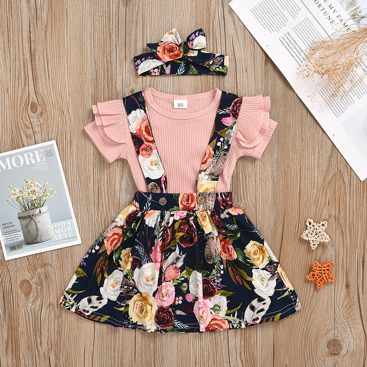 3 Pieces Set Kid Girls Solid Color Tops And Flower Print Dresses And Bow Headwear Wholesale 230407265