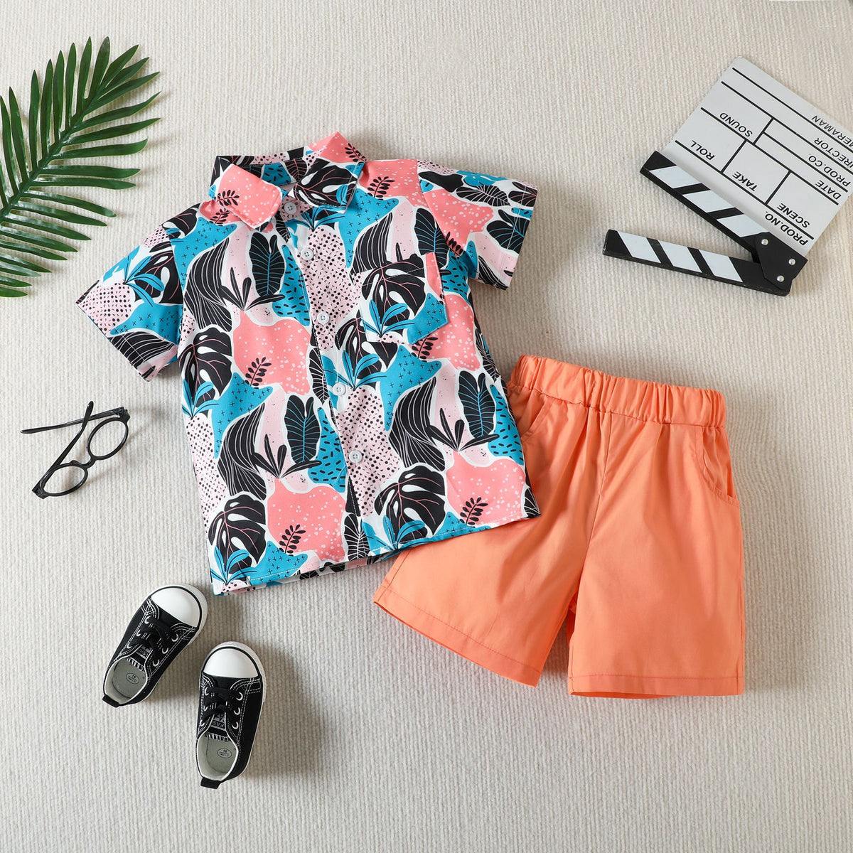 2 Pieces Set Baby Kid Boys Plant Print Shirts And Solid Color Shorts Wholesale 230407280
