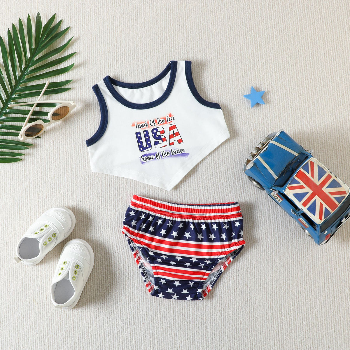 2 Pieces Set Baby Girls Independence Day Letters Color-blocking Print Tank Tops And Striped Star Shorts Wholesale 230407287
