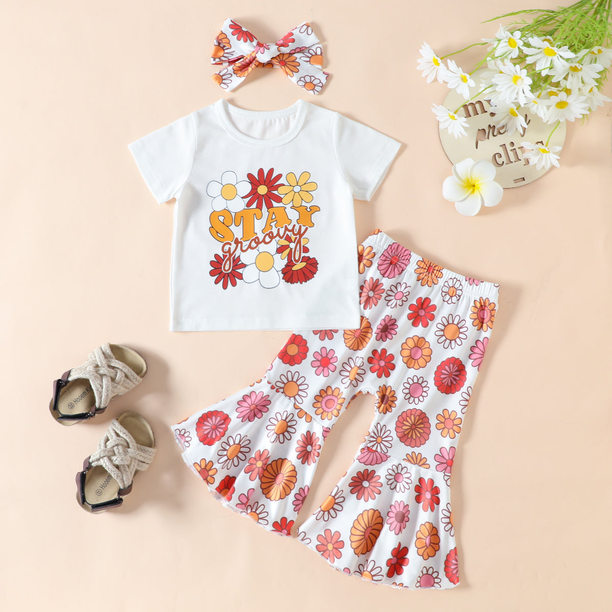 3 Pieces Set Baby Kid Girls Flower Print T-Shirts And Pants And Headwear Wholesale 230407323