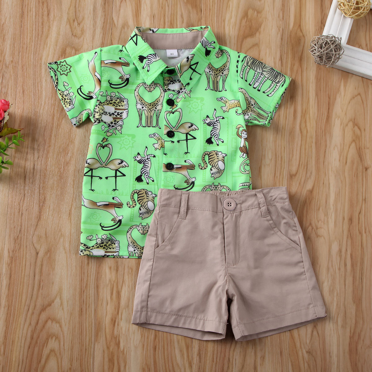 2 Pieces Set Baby Kid Boys Cartoon Print Shirts And Solid Color Shorts Wholesale 230407387