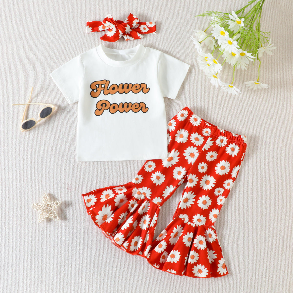 3 Pieces Set Baby Kid Girls Letters T-Shirts Flower Pants And Bow Headwear Wholesale 230407485