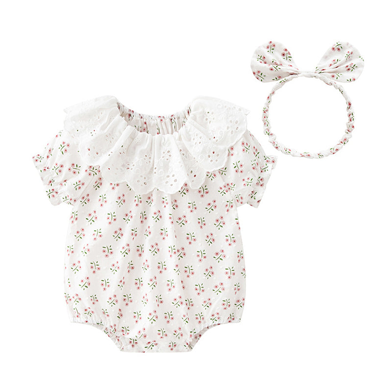 Baby Girls Flower Lace Print Rompers Headwear Wholesale 246810877