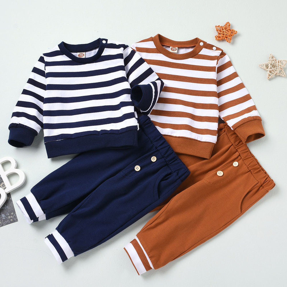 2 PCS Baby Stripe Top Withe Button Pants Set Wholesale 62464786