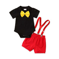 Load image into Gallery viewer, 2 PCS Bow Decor Bodysuit Match Suspender Shorts Baby Boy Suits Wholesale 74092652
