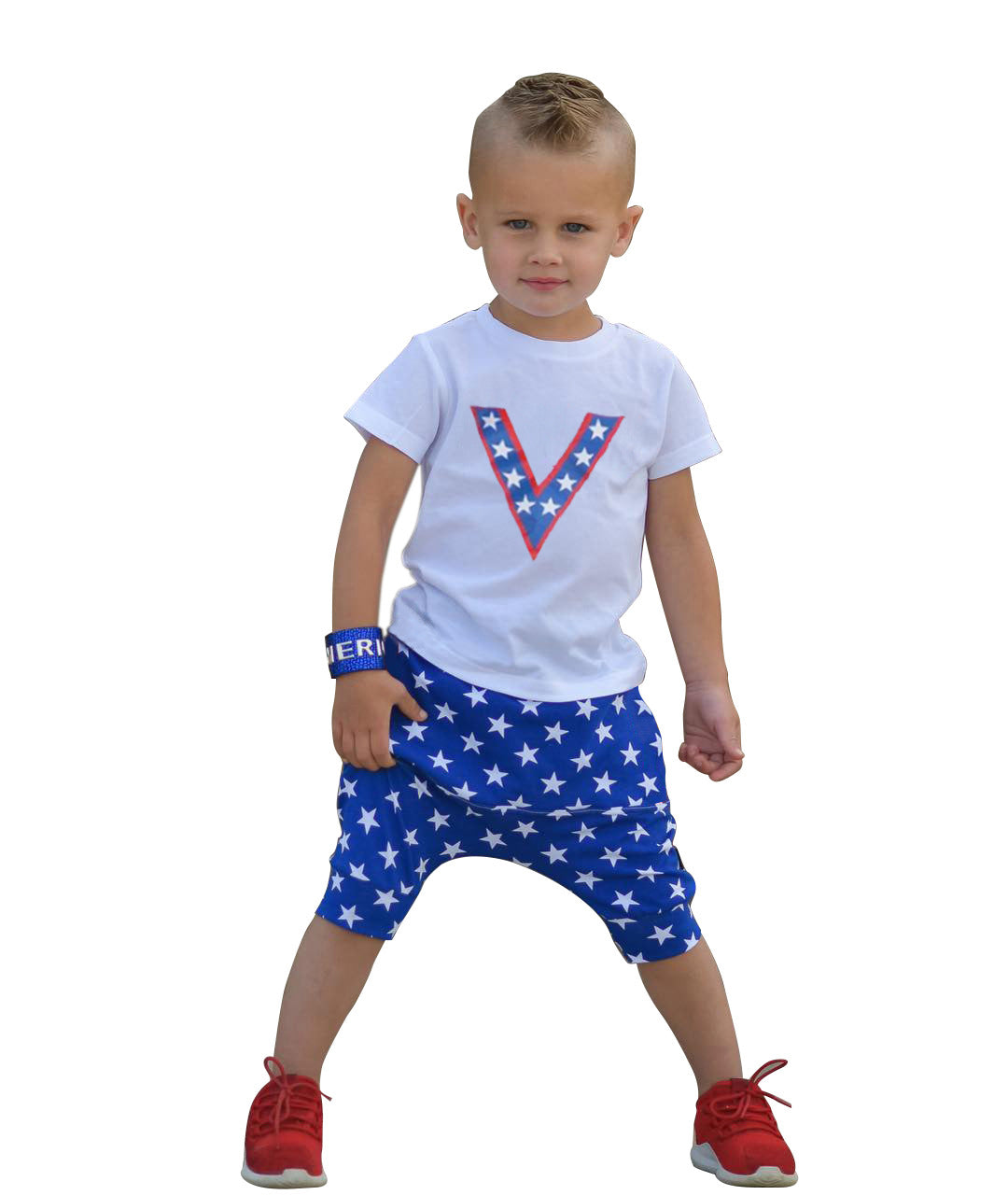 2 PCS Boy Set V Star Print T-shirt Matching Shorts Wholesale 99322489