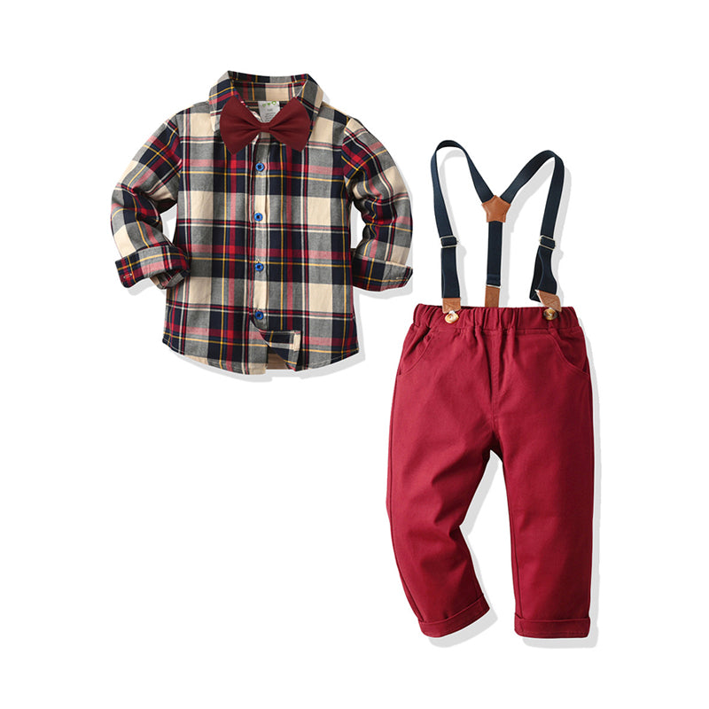 2 PCS Kid Boy Gentleman Set Plaid Bowtie Shirt Matching Suspender Trousers Wholesale 94336262