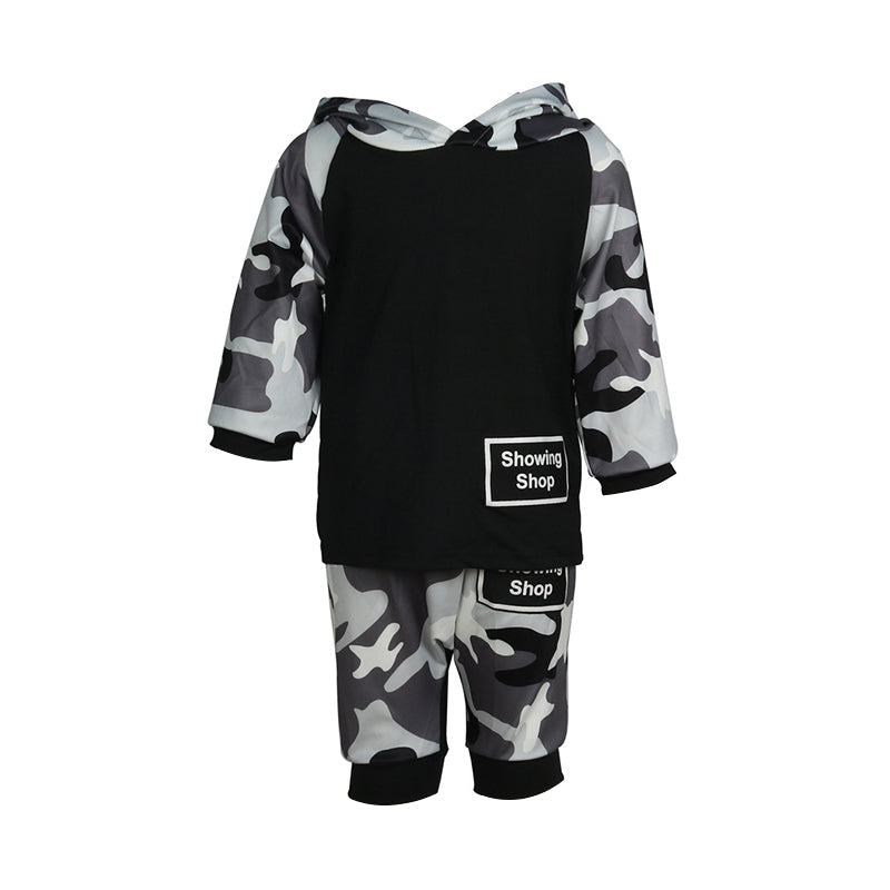 2 PCS Kid Boy Letter Camo Half Sleeve Hooded With Shorts Outfit Wholesale 50102515