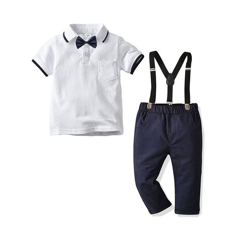 2 PCS Little Boy Outfit Bow Polo Shirt Matching Suspender Pants Wholesale 42142329
