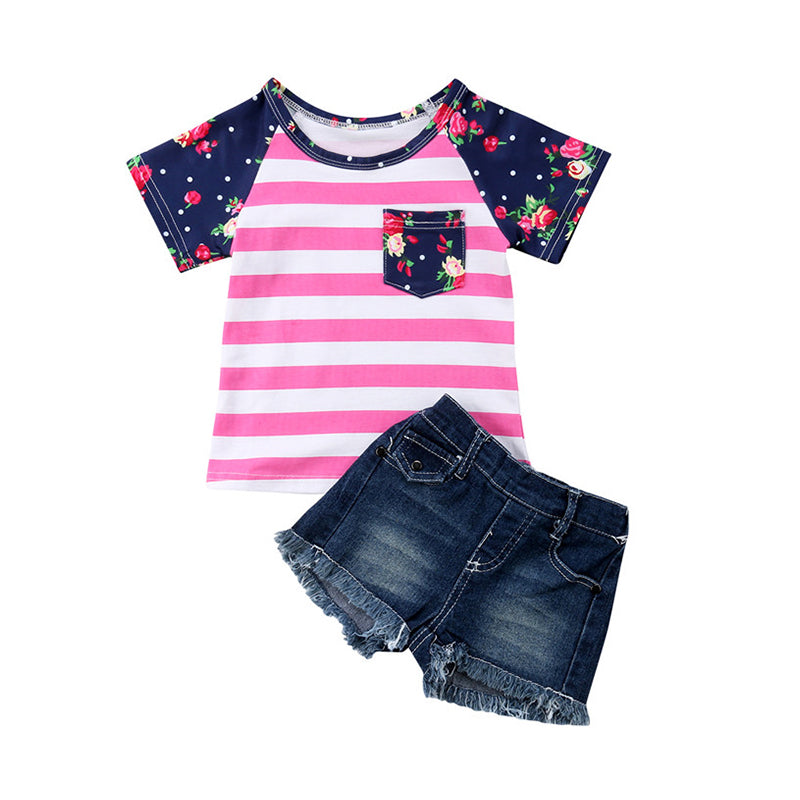 2 PCS Little Girl Set Floral Stripe Tee With Fringe Denim Shorts Wholesale 61332001
