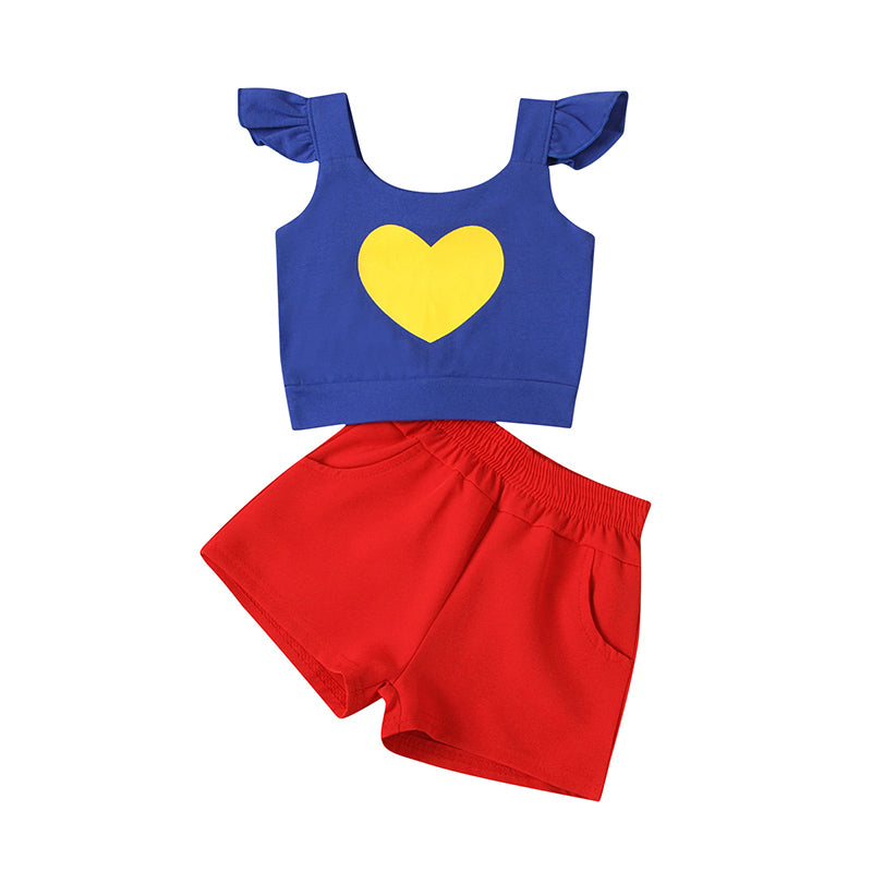 2 PCS Toddler Girl Flutter Sleeve Love Heart Top And Shorts Set Wholesale 99024744